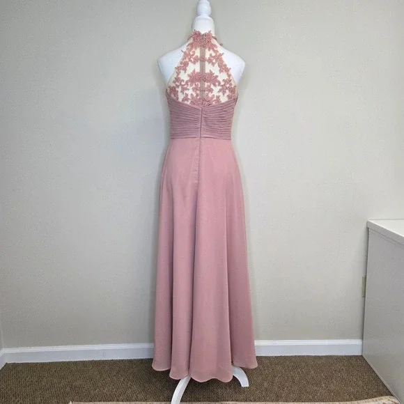 JJ's House Dusty Rose Chiffon Lace Halter Neck Formal Evening Gown Dress - Picture 5 of 9